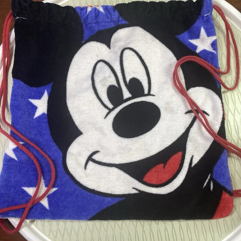 Disney Mickey Mouse Kohl's Terry Cloth Kids Tote Beach Bag Drawstring USA‎ Flag